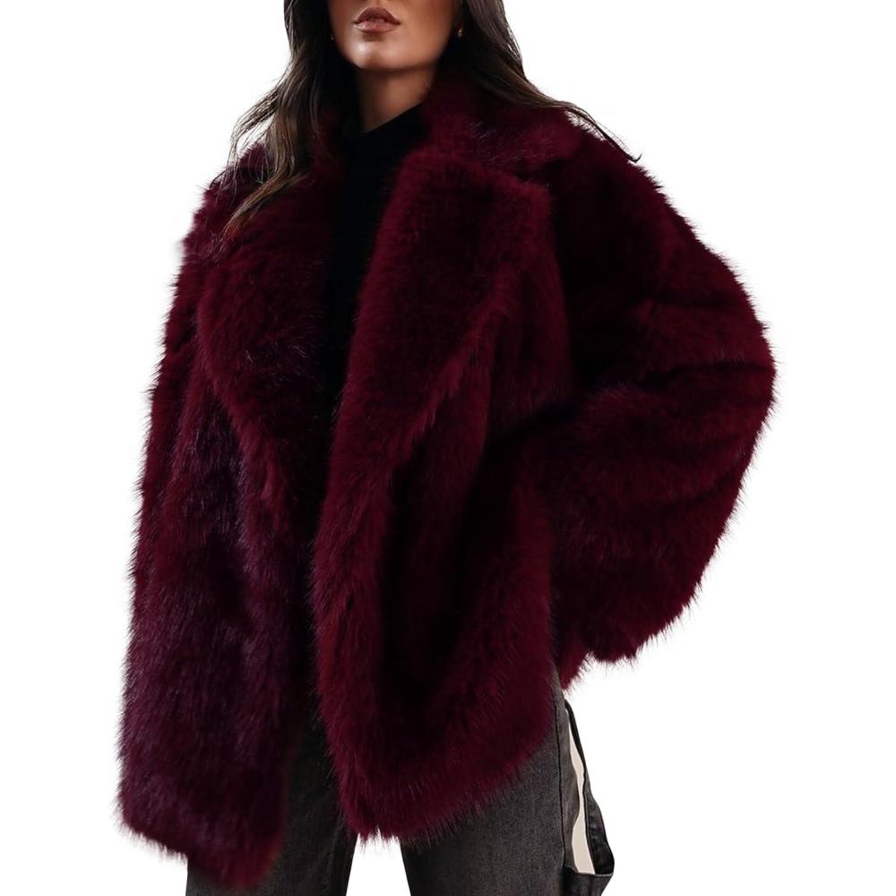 imageKissonic Womens Long Faux Fur Coat Lapel Shaggy Winter Jacket Luxury Warm Furry Open Front OuterwearWinered