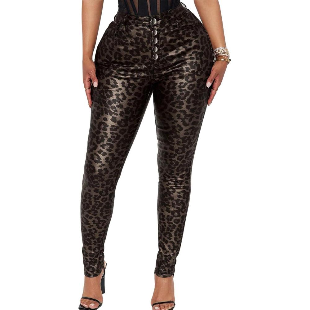 imageLeather Pants for Women High Waisted Skinny Tummy Control Thick Thermal Lined Stretch Sexy Push Up Pleather LeggingsLeopard