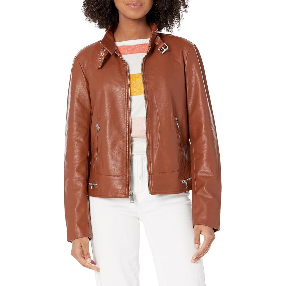 imageLevis Womens Faux Leather Motocross Racer Jacket Standard and PlusCamel Brown Latch Collar