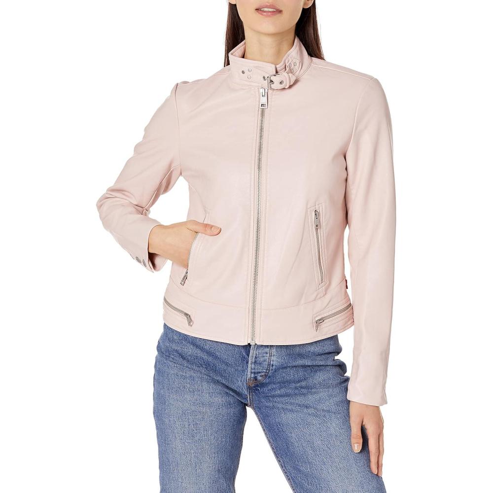 imageLevis Womens Faux Leather Motocross Racer Jacket Standard and PlusPeach Blossom Latch Collar