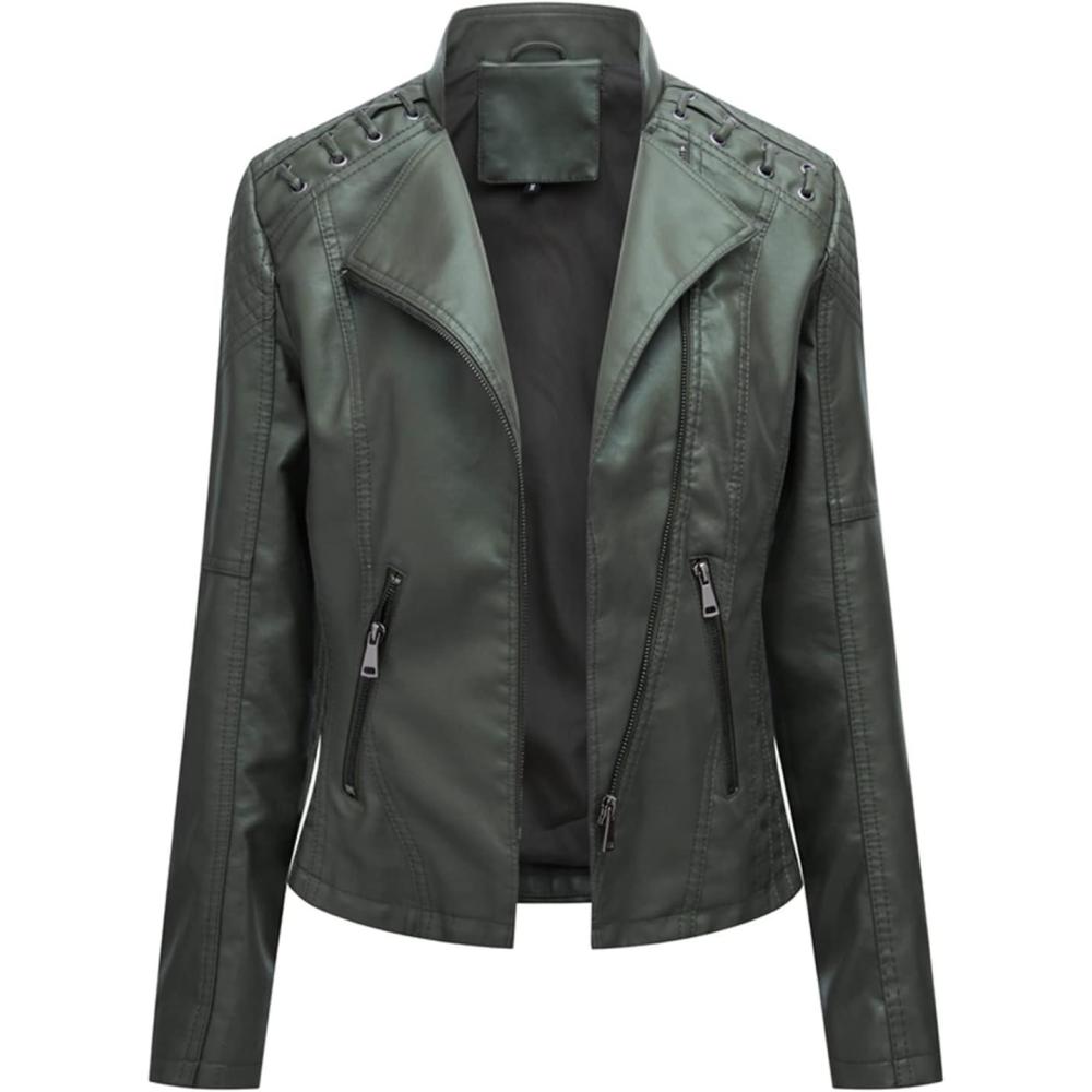imageLus Chic Womens Motorcycle Jacket Fashion Dressy Vegan Leather Biker Coat Light Slim Fit Crop Blazer Moto JacketArmy Green