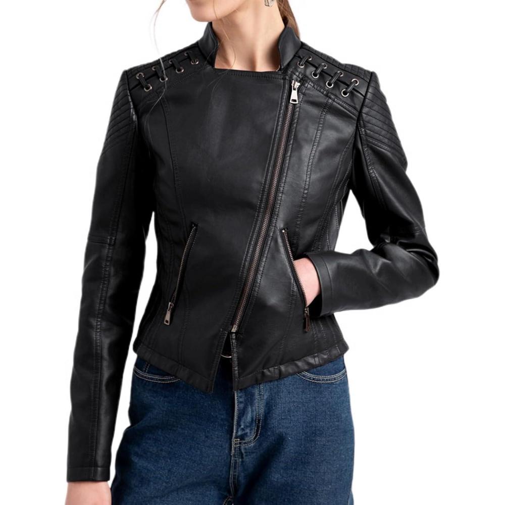 imageLus Chic Womens Motorcycle Jacket Fashion Dressy Vegan Leather Biker Coat Light Slim Fit Crop Blazer Moto JacketBlack