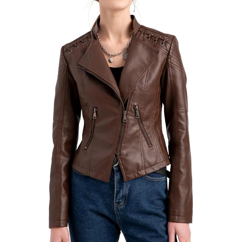 imageLus Chic Womens Motorcycle Jacket Fashion Dressy Vegan Leather Biker Coat Light Slim Fit Crop Blazer Moto JacketCoffee