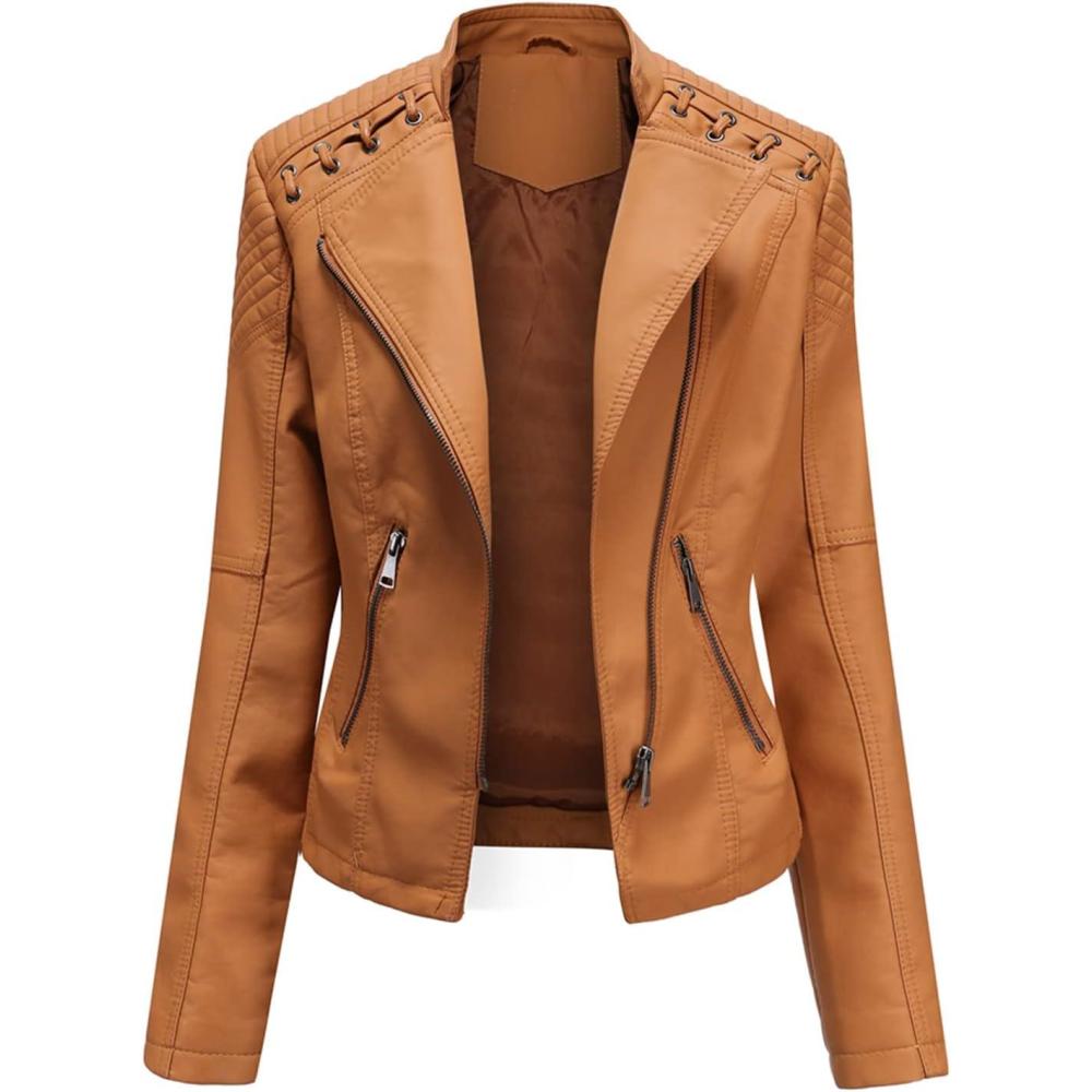 imageLus Chic Womens Motorcycle Jacket Fashion Dressy Vegan Leather Biker Coat Light Slim Fit Crop Blazer Moto JacketLight Coffee