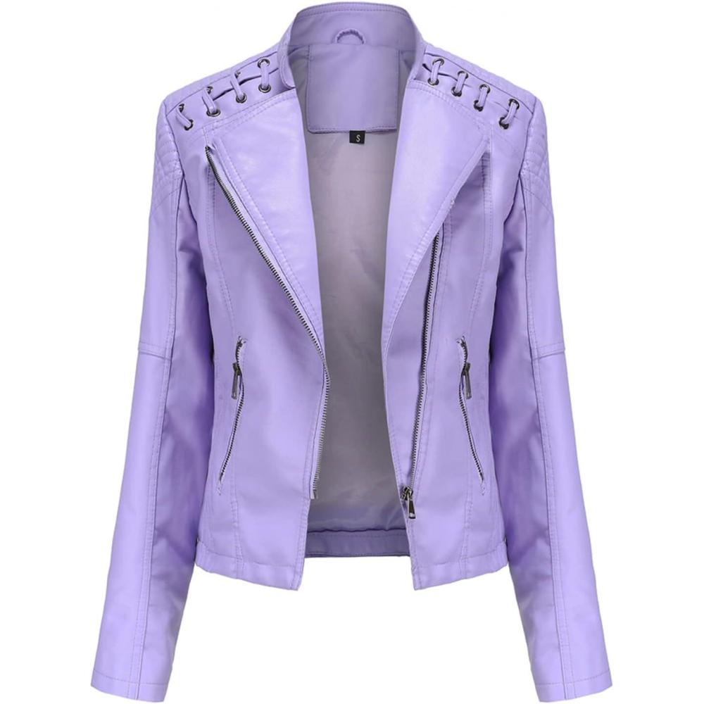 imageLus Chic Womens Motorcycle Jacket Fashion Dressy Vegan Leather Biker Coat Light Slim Fit Crop Blazer Moto JacketLight Purple