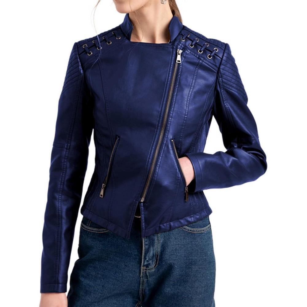 imageLus Chic Womens Motorcycle Jacket Fashion Dressy Vegan Leather Biker Coat Light Slim Fit Crop Blazer Moto JacketNavy