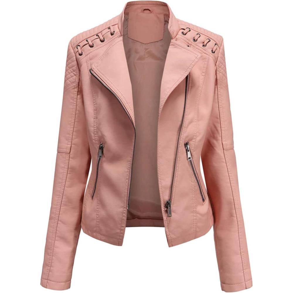imageLus Chic Womens Motorcycle Jacket Fashion Dressy Vegan Leather Biker Coat Light Slim Fit Crop Blazer Moto JacketPink
