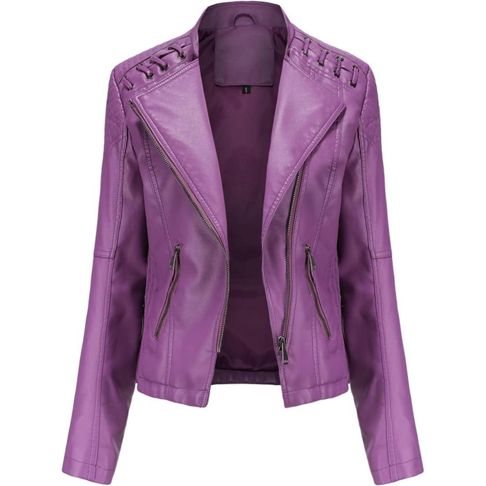 imageLus Chic Womens Motorcycle Jacket Fashion Dressy Vegan Leather Biker Coat Light Slim Fit Crop Blazer Moto JacketPurple