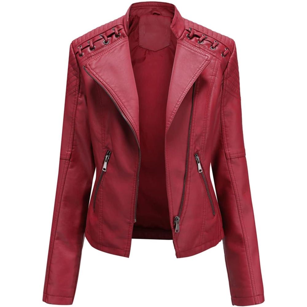 imageLus Chic Womens Motorcycle Jacket Fashion Dressy Vegan Leather Biker Coat Light Slim Fit Crop Blazer Moto JacketRed