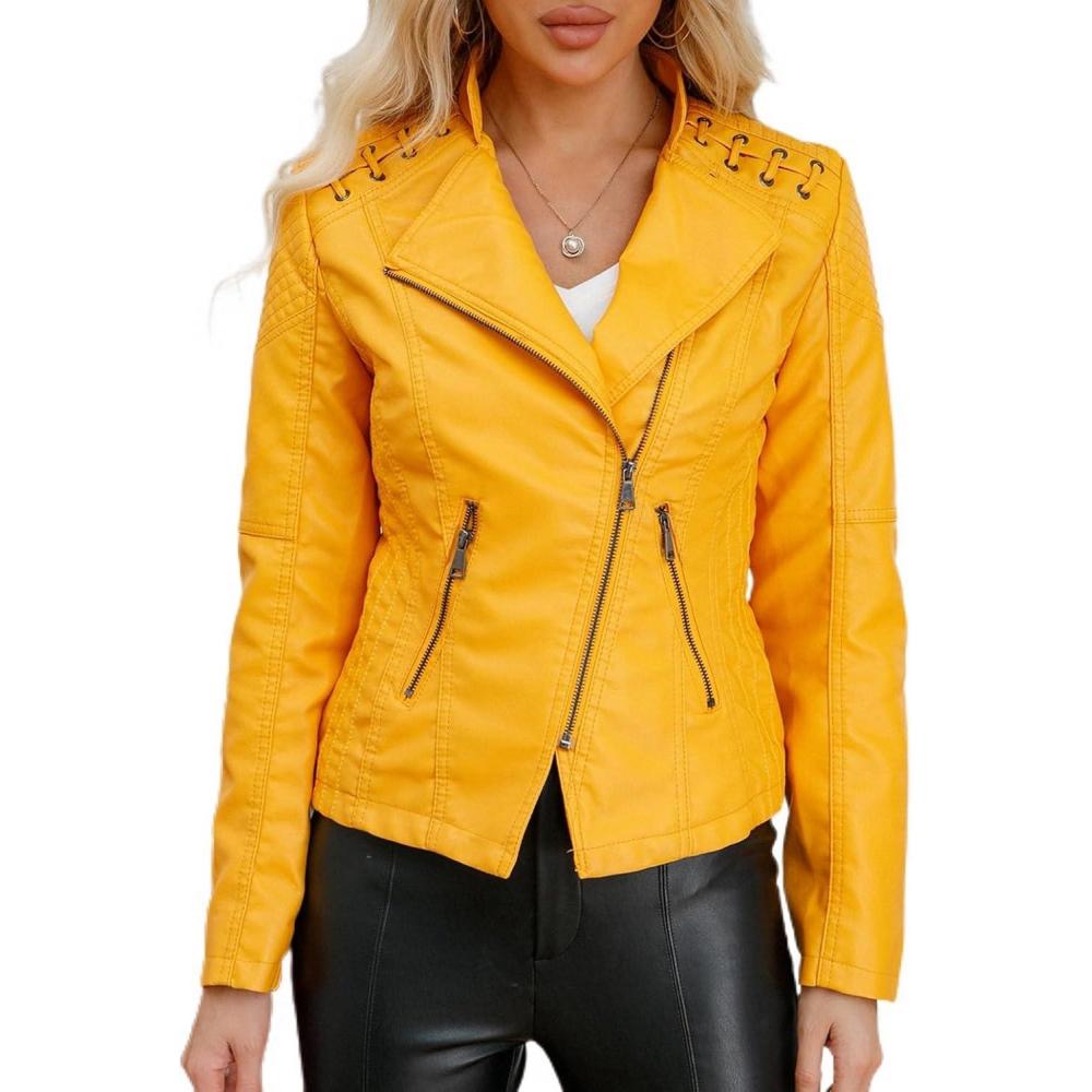 imageLus Chic Womens Motorcycle Jacket Fashion Dressy Vegan Leather Biker Coat Light Slim Fit Crop Blazer Moto JacketYellow