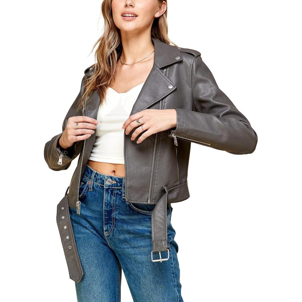 imageMade By Johnny MBJ Womens Faux Leather Zip Up Moto Biker Jacket with Stitching DetailWjc1849grey