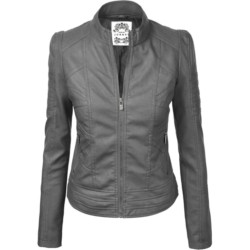 imageMade By Johnny MBJ Womens Faux Leather Zip Up Moto Biker Jacket with Stitching DetailWjc746grey