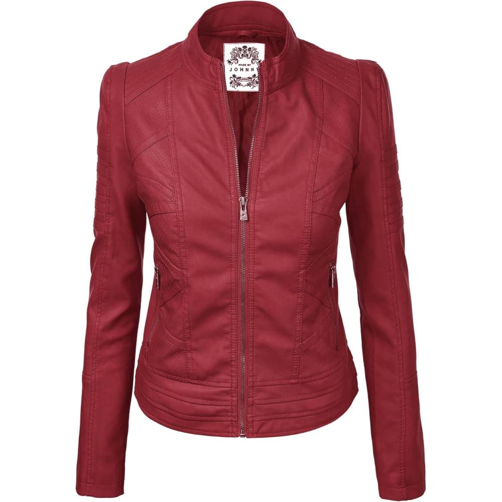 imageMade By Johnny MBJ Womens Faux Leather Zip Up Moto Biker Jacket with Stitching DetailWjc746red