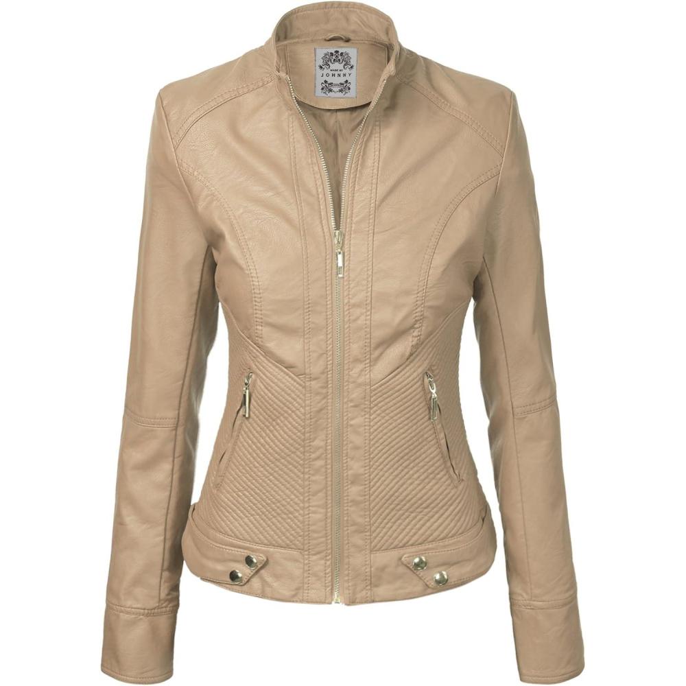imageMade By Johnny MBJ Womens Faux Leather Zip Up Moto Biker Jacket with Stitching DetailWjc747khaki