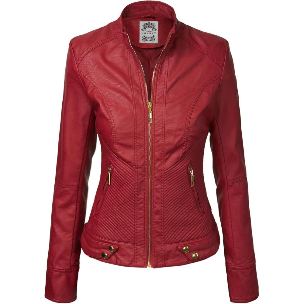 imageMade By Johnny MBJ Womens Faux Leather Zip Up Moto Biker Jacket with Stitching DetailWjc747red