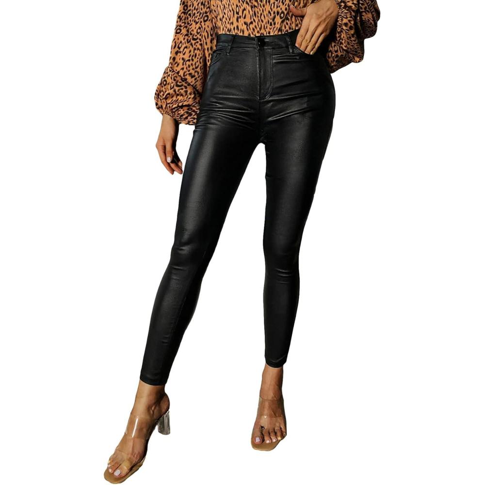 imageMakeMeChic Womens Faux PU Leather Thermal Lined High Waisted Stretch Skinny Pants Leggings