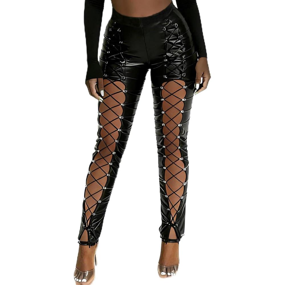 imageNihsatin Fishnet Trim Lace Up PU Leather Pants Thin Lightweight Gothic Punk Leggings for WomenBlack7