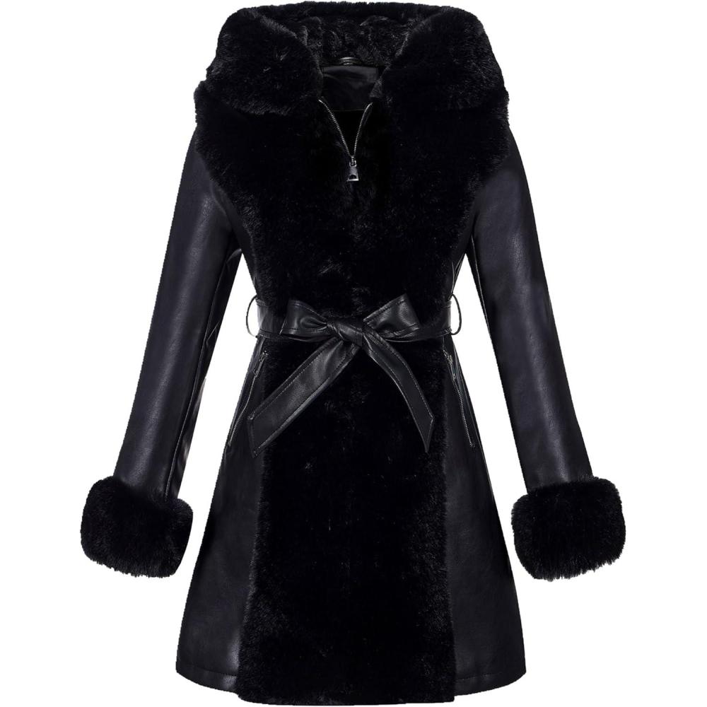 imageRISISSIDA Luxurious Women Winter Fur Lined Coat Leather Jacket with Hooded Long Fur Collar Thick Warm Heavy Overcoat Belted