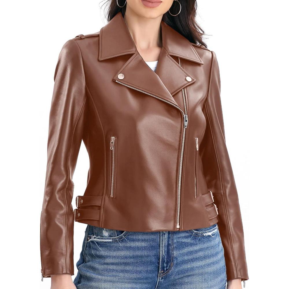 imageSILVER FASHIONS Lambskin Leather Jacket WomenMotorcycle JacketAsymmetrical Zip StyleBuckle BeltsQuilted DetailsBrown