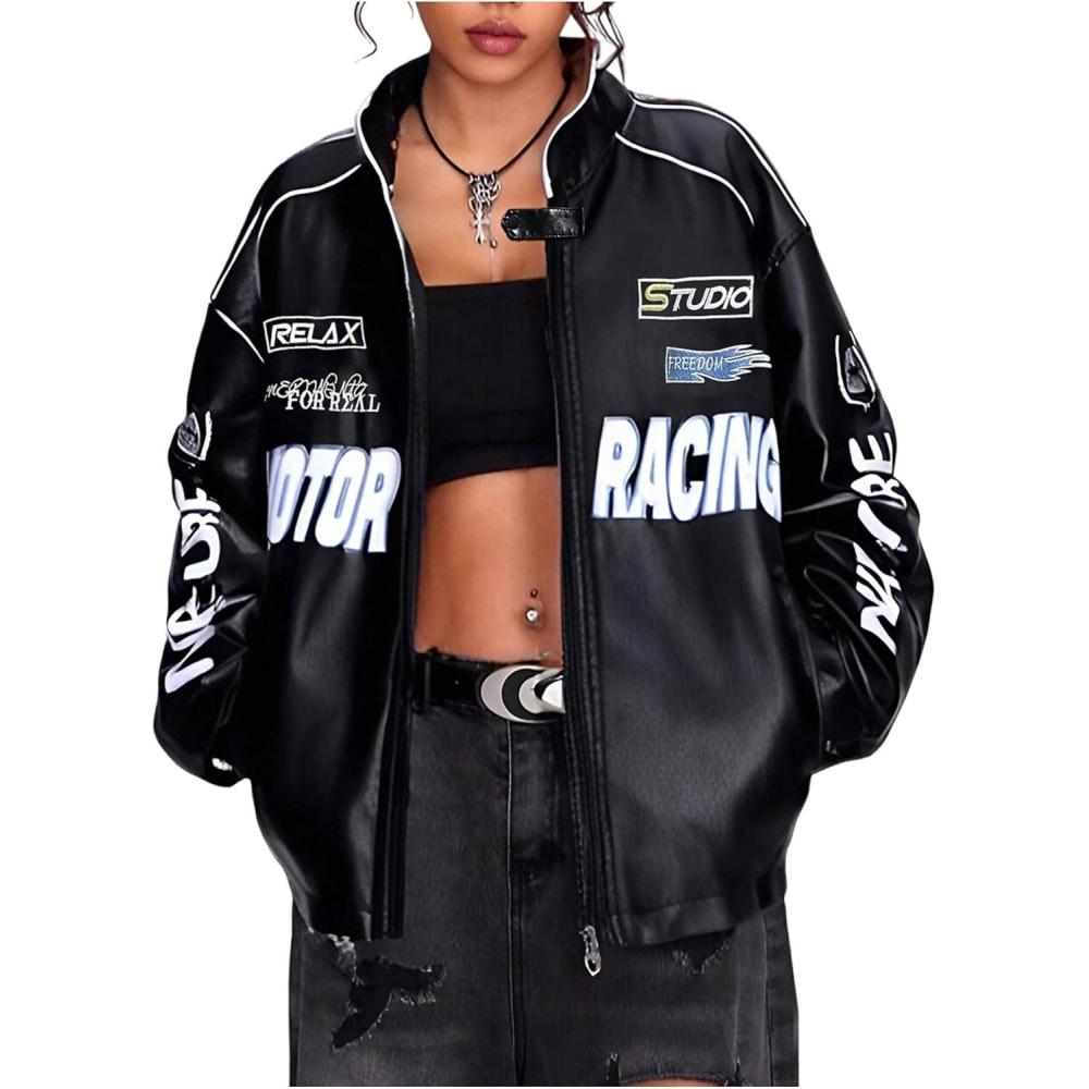 imageSOLY HUX Womens Faux Leather Motorcycle Jacket Y2k Racing Graphic Bomber Jackets Coat StreetwearBlack Graphic