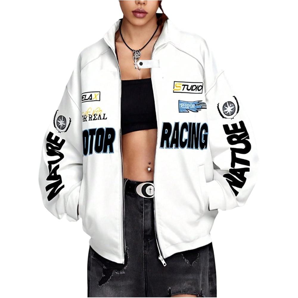 imageSOLY HUX Womens Faux Leather Motorcycle Jacket Y2k Racing Graphic Bomber Jackets Coat StreetwearWhite Graphic