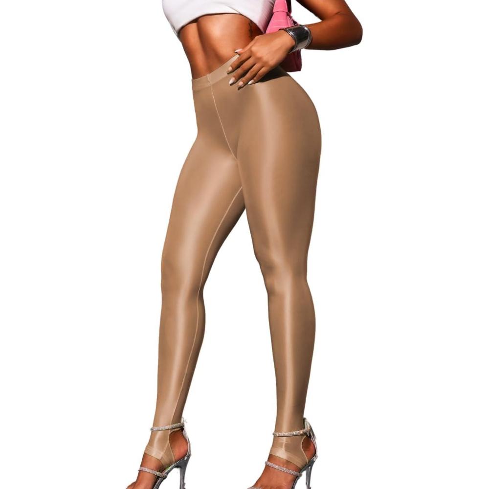 imageShiny Leggings for Women Rave Party Outfits Sexy Sheer Stirrup Pants High Waist Waisted See Through Mesh TightsCoffee