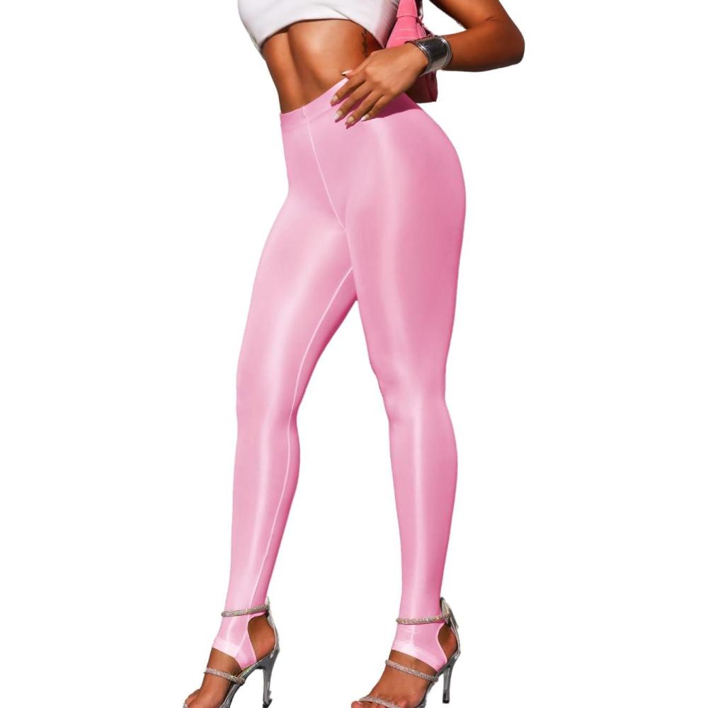 imageShiny Leggings for Women Rave Party Outfits Sexy Sheer Stirrup Pants High Waist Waisted See Through Mesh TightsLight Pink