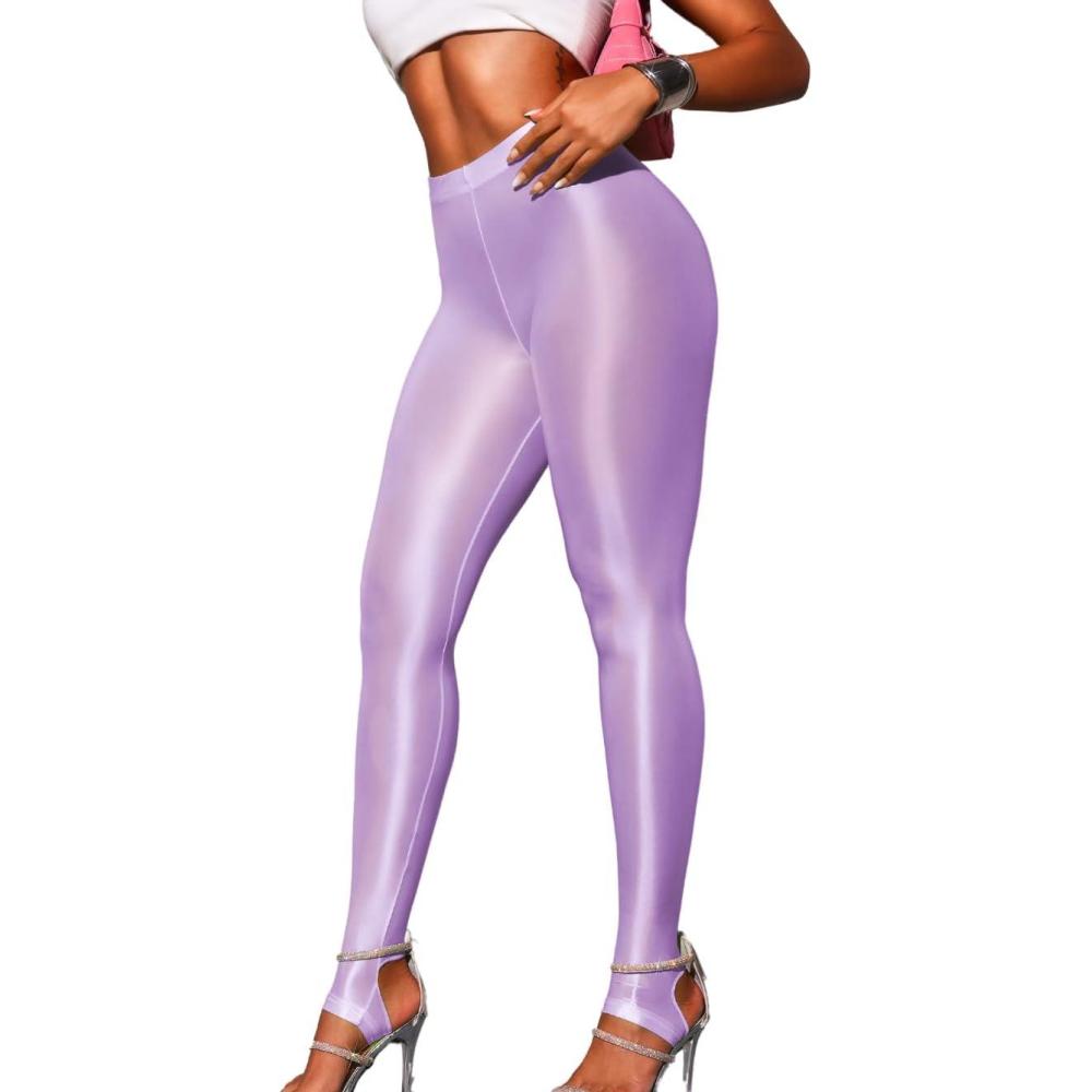 imageShiny Leggings for Women Rave Party Outfits Sexy Sheer Stirrup Pants High Waist Waisted See Through Mesh TightsPurple