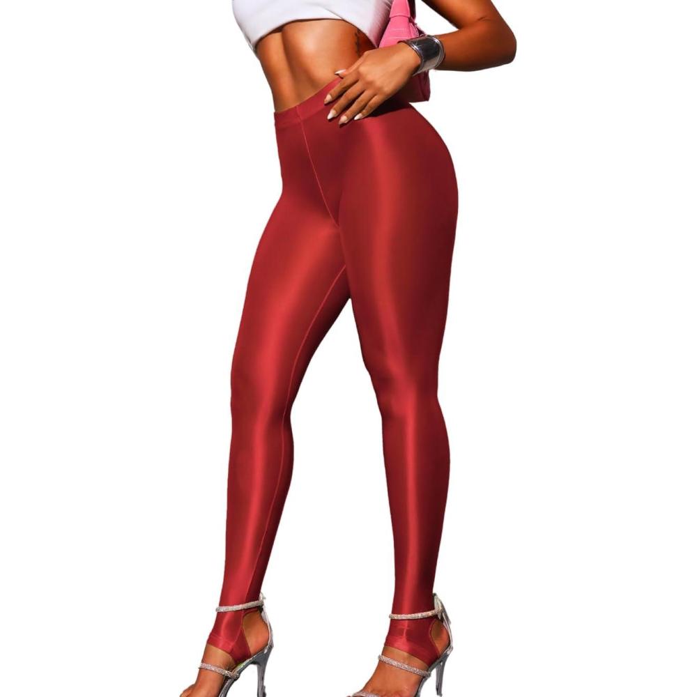 imageShiny Leggings for Women Rave Party Outfits Sexy Sheer Stirrup Pants High Waist Waisted See Through Mesh TightsRed