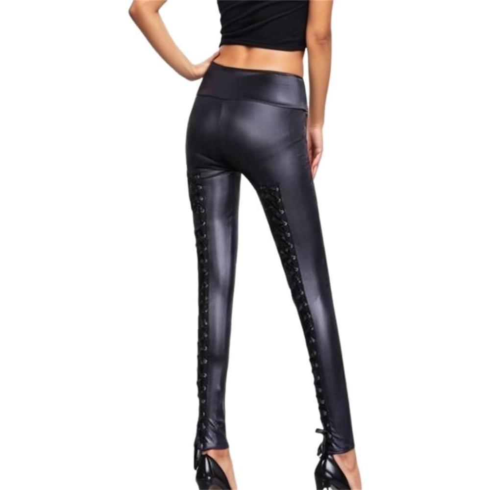 imageSorrica Faux Leather Leggings for Women Sexy Lace Up Back Clubwear Skinny PantsBlack
