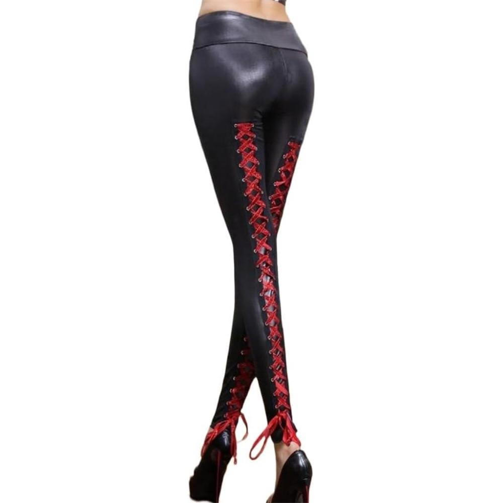 imageSorrica Faux Leather Leggings for Women Sexy Lace Up Back Clubwear Skinny PantsRed