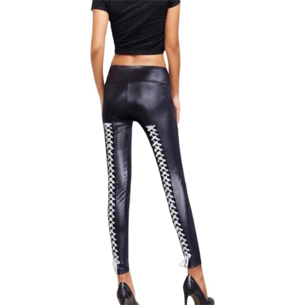 imageSorrica Faux Leather Leggings for Women Sexy Lace Up Back Clubwear Skinny PantsSilver