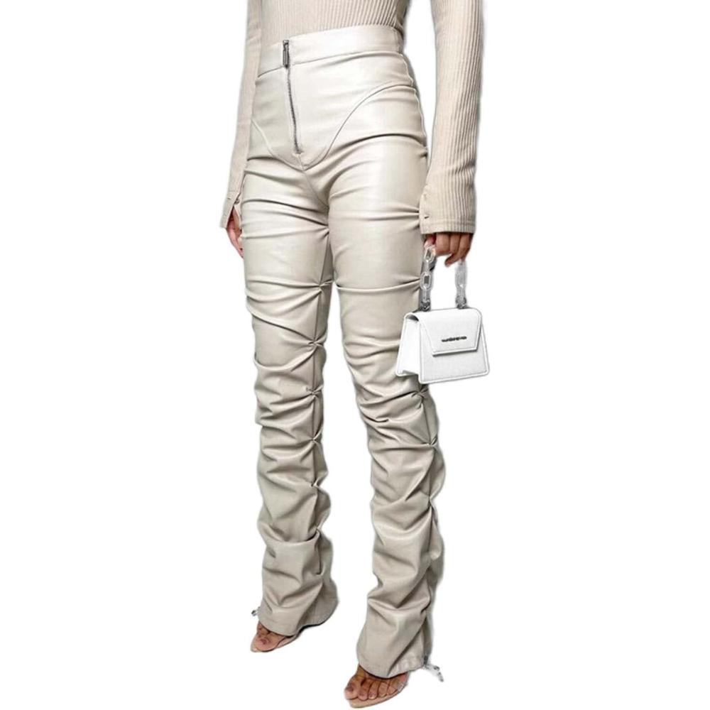 imageSumleno High Waist Stacked Pants for Women Faux Leather Ruffle Ruched Leggings Y2k Black Pleated Sexy Aesthetic StreetwearBeige