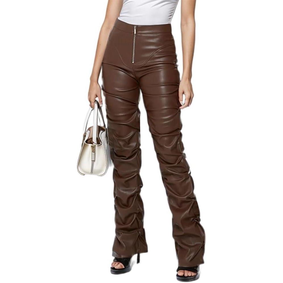 imageSumleno High Waist Stacked Pants for Women Faux Leather Ruffle Ruched Leggings Y2k Black Pleated Sexy Aesthetic StreetwearBrown