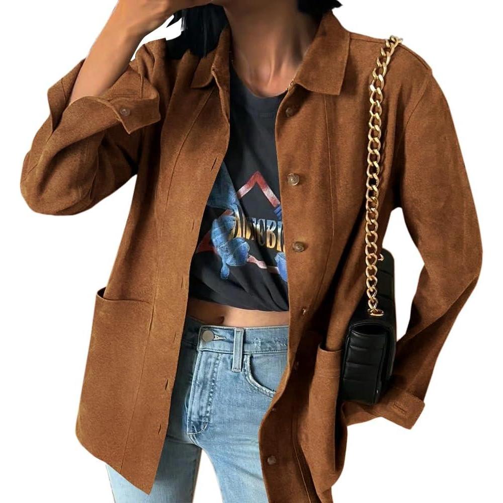 imageTankaneo Womens Faux Suede Jackets Button Down Long Sleeve Shackets Coat Trendy 2025 Spring ClothesBrown