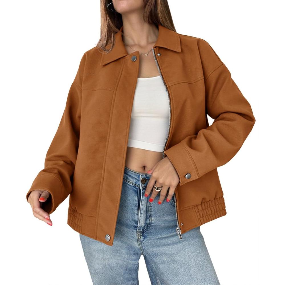 imageTankaneo Womens Faux Suede Motorcycle Jackets Oversized Zip Up Bomber Coats Fall Fashion Winter OuterwearBrown
