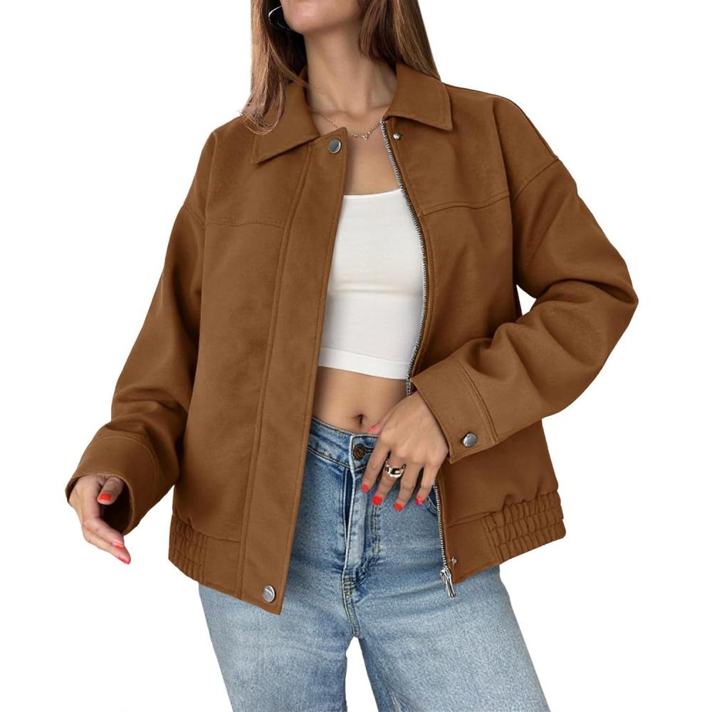 imageTankaneo Womens Faux Suede Motorcycle Jackets Oversized Zip Up Bomber Coats Fall Fashion Winter OuterwearCoffee