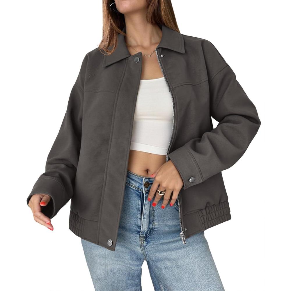 imageTankaneo Womens Faux Suede Motorcycle Jackets Oversized Zip Up Bomber Coats Fall Fashion Winter OuterwearDark Grey