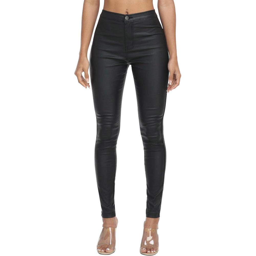imageWAYRUNZ Womens High Waisted Pants Stretch Legging Jeans058leather Black