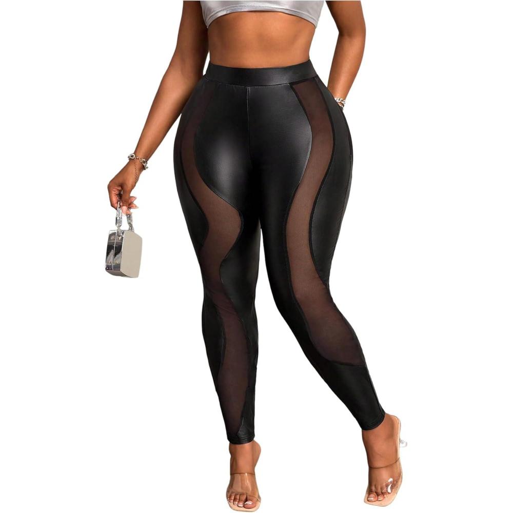 imageWDIRARA Womens Plus Size Mesh PU Leather Skinny Pants Elastic Waist LeggingsBlack