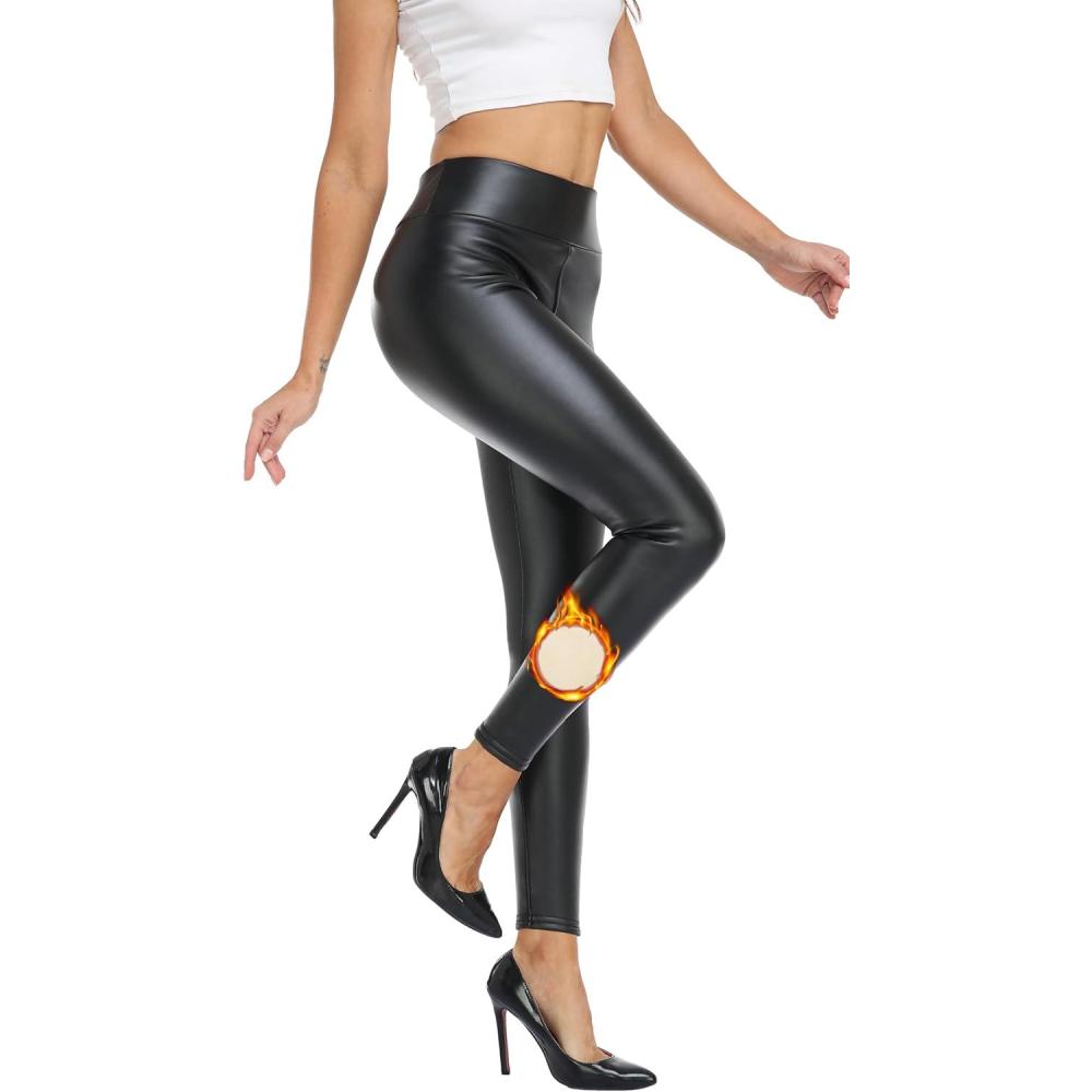 imageWomens Black Faux Leather Leggings High Waisted Fleece Lined Tights Warm PU Pleather Pants for Winter
