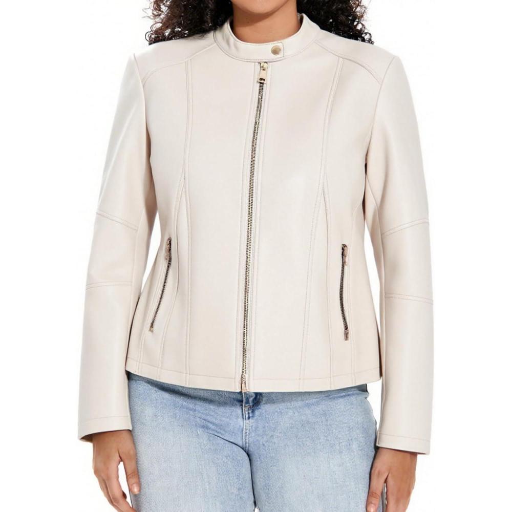 imageWomens Faux Leather Jacket Plus Size Motorcycle Biker Outwear Pu Zip Up Moto CoatBeige 102