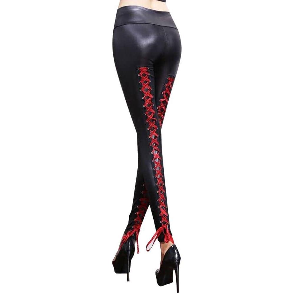 imageWomens Faux Leather Leggings Stretchy High Waisted Faux Leather PantsSexy Legging Cuir Femme Pleather Leggings with LaceUp BackOne Size Black