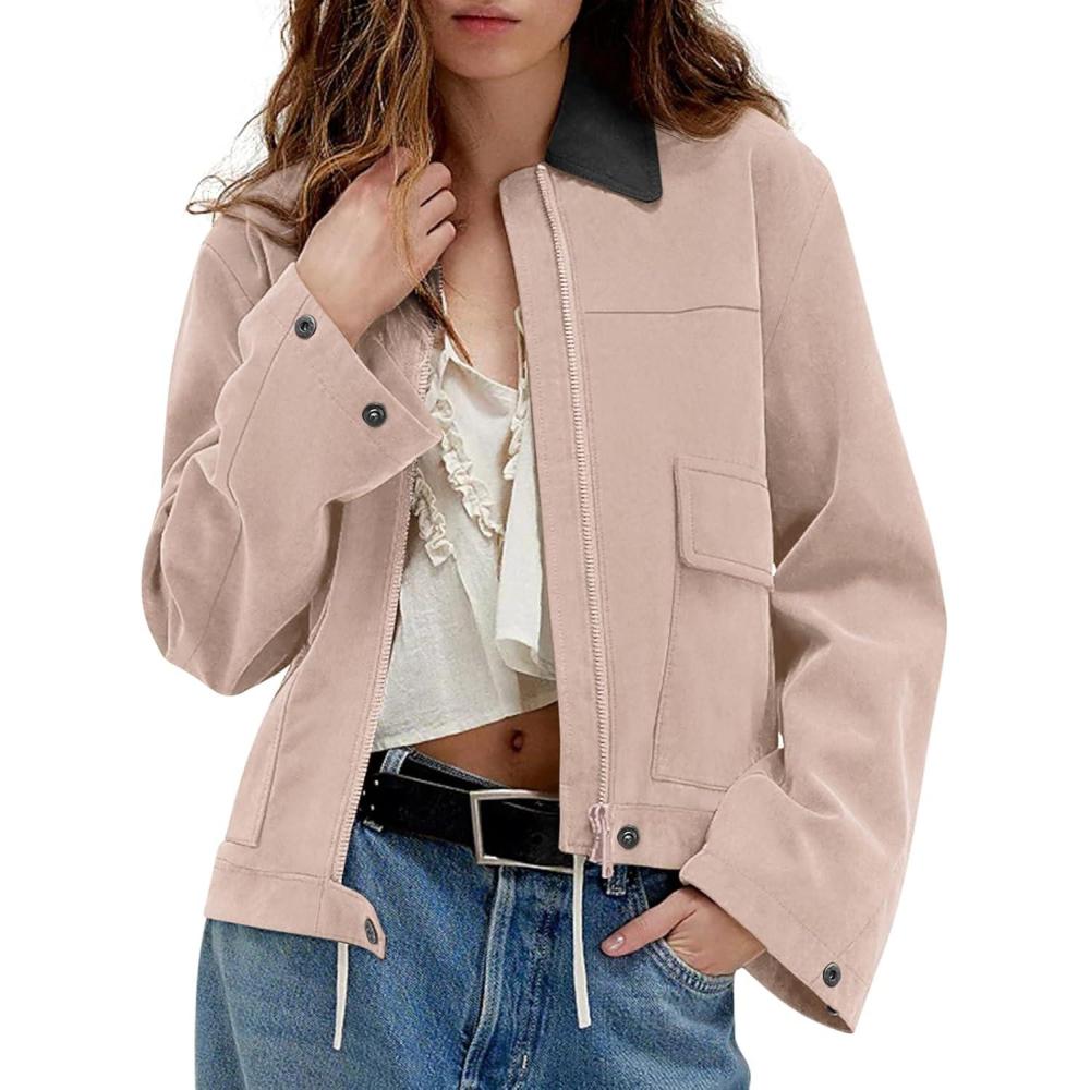 imageWomens Faux Suede Cropped Jacket Casual Zip Up Jackets Contrast Collar Fleece Winter Coats Outerwear with PocketsApricot Pink