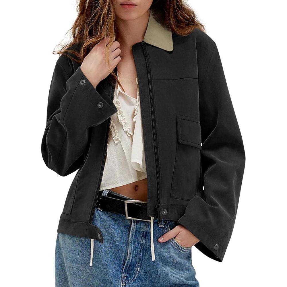 imageWomens Faux Suede Cropped Jacket Casual Zip Up Jackets Contrast Collar Fleece Winter Coats Outerwear with PocketsBlack