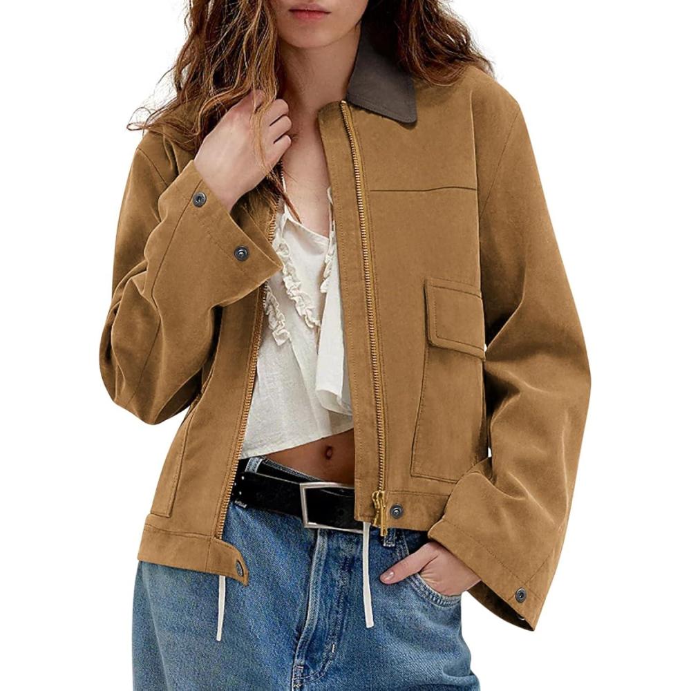 imageWomens Faux Suede Cropped Jacket Casual Zip Up Jackets Contrast Collar Fleece Winter Coats Outerwear with PocketsBrown