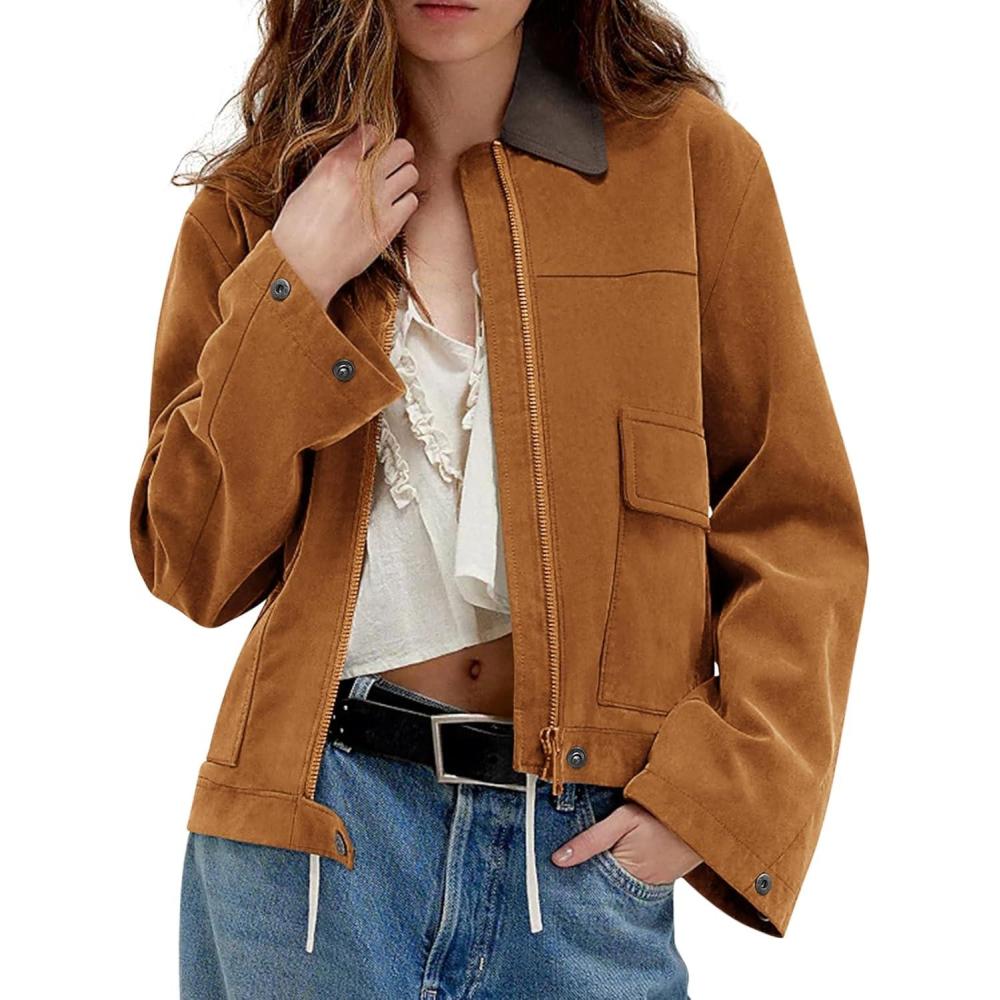 imageWomens Faux Suede Cropped Jacket Casual Zip Up Jackets Contrast Collar Fleece Winter Coats Outerwear with PocketsDark Brown