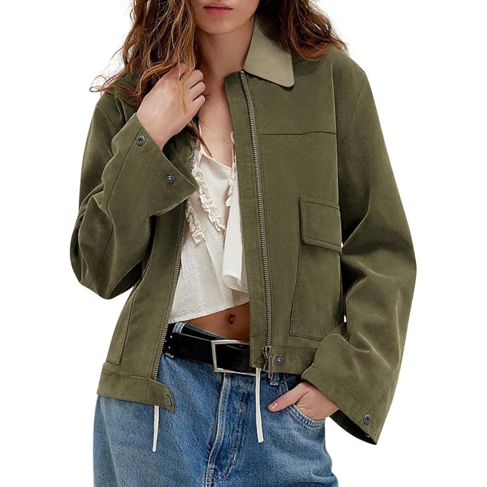 imageWomens Faux Suede Cropped Jacket Casual Zip Up Jackets Contrast Collar Fleece Winter Coats Outerwear with PocketsGreen