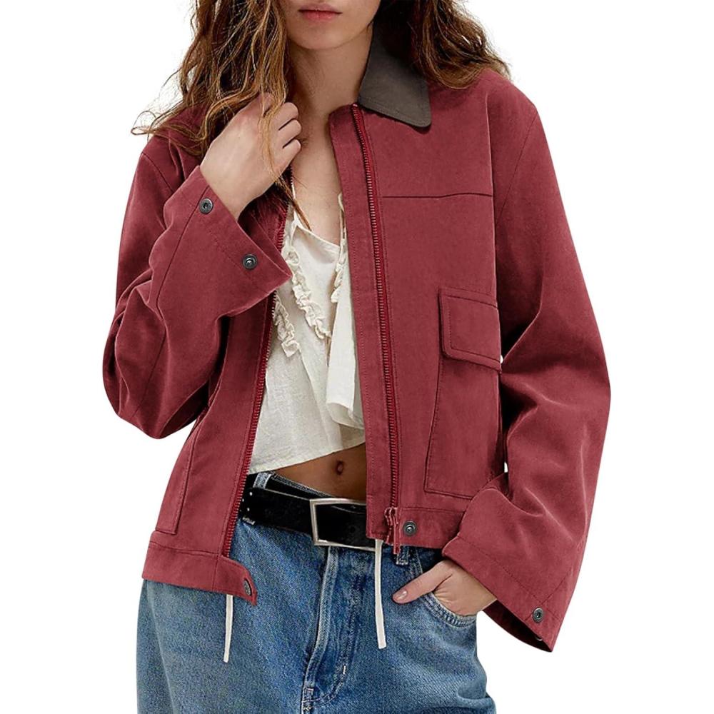 imageWomens Faux Suede Cropped Jacket Casual Zip Up Jackets Contrast Collar Fleece Winter Coats Outerwear with PocketsRed