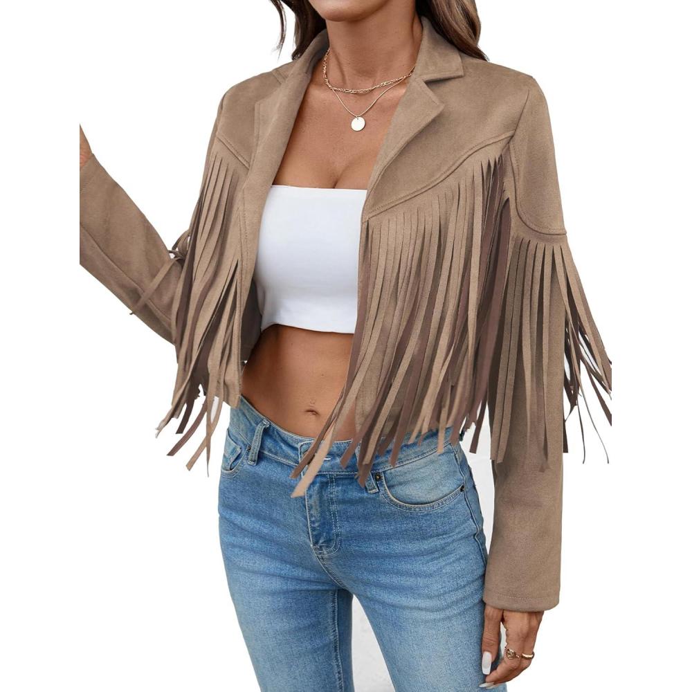 imageWomens Faux Suede Leather Tassel Jackets With Lining Cropped Fringe Coats For Women 2025 Fall Fashion Must HavesApricot